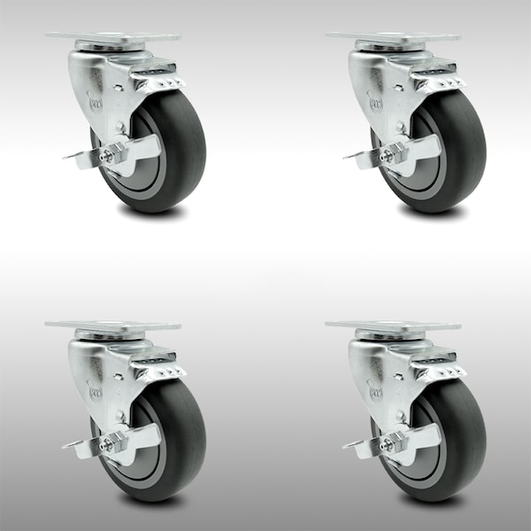 4 Inch SS Thermoplastic Rubber Swivel Top Plate Caster Set with Brake SCC